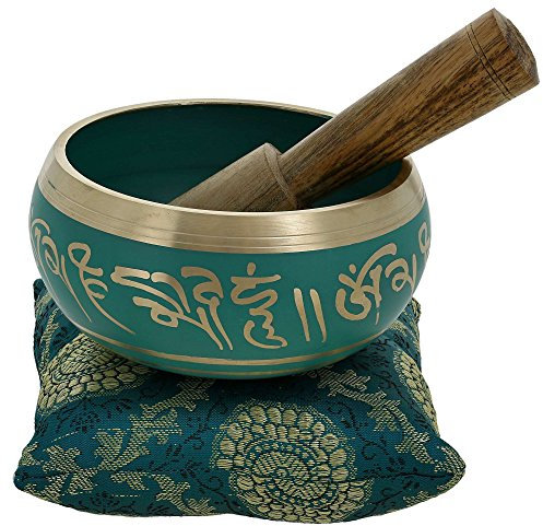 Ajuny Tibetisches Klangschalen Set – Handgefertigte Meditations-Klangschale aus Messing Grün 4 zoll mit Stab und Kissen für Yoga, Chakra Heilung Achtsamkeit und Stressabbau