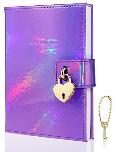 Mazeran Heart Shaped Lock Journal, Rainbow Laser PU Hard Cover Notebook Travel Diary, B6 Ruled Locking with Key Personal Work Log Notes Secret Organizers Gift for Girls Women Daughter