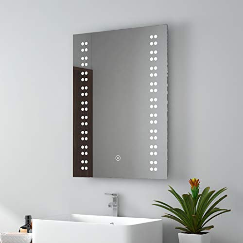 EMKE 500 x 700mm Illuminated Bathroom Mirror with Shaver Socket - Smart Vanity Makeup Mirror with Touch Demister Pad, Wall-Mounted Mirror for Makeup Cosmetic Shaving