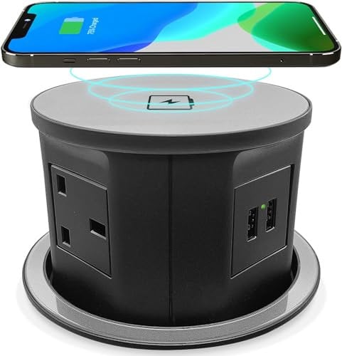 VORSPRUNG® Automatic Retractable Pop Up Power Sockets, Fast charging, Kitchen, Worktops, Offices, Wireless hidden, 3 pin UK Plugs, 2x USB, Qi Charging, iPads, all Phones, surge protection