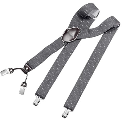 DonDon Hosenträger Herren extra stark gepunktet grau weiß 3,5 cm Hosenträger Herren breit mit brauem Leder in Y-Form lang - Starke Clips passend für Anzug Jeans Chinos Vintage Rockabilly Suspenders
