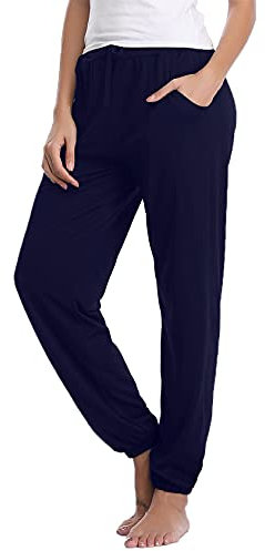 Nieery Pyjamahose Damen Baumwolle Schlafanzughose Lang Jogginghose Sporthose Sweatpants Freizeithose Hausanzug Nachtwäsche Marineblau M