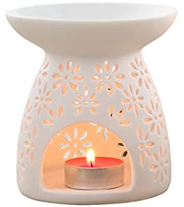 FYBlossom Teelichthalter Aromalampe Duftlampe Aus Keramik, Mini Weiß Kerzenhalter Öl Brenner Mit Candle Kerzenlöffel, Romantisch Blumenmuster Ölbrenner Für Schlafzimmer Dekor, Einweihungsgeschenk