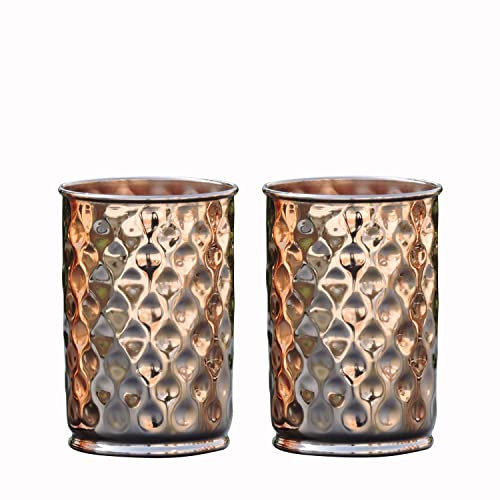 Tumbler aus reinem Kupfer (99,74 %), 2 Stück, 350 ml, gehämmert, Kapazität von 40 ml, Kupferglas zum Servieren von Wasser