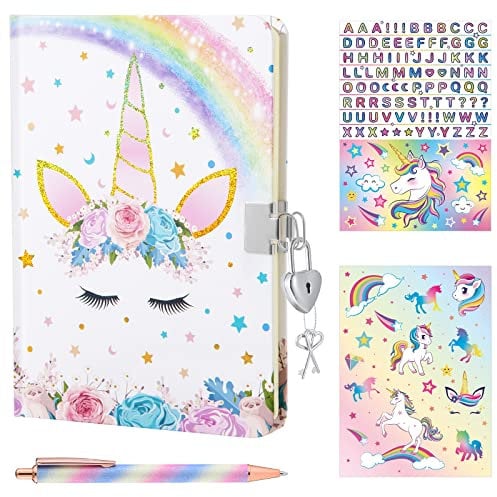 Einhorn Tagebuch Set - Glitzer Notizbuch Geschenk für Mädchen Kinder Reisen privates Journale A5 Schule Hefte Schreiben Notizblock Kugelschreiber Aufkleber Klebeband mit Schloss und Schlüsseln