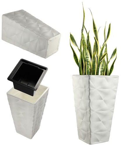 KADAX Macetero con efecto 3D, maceta de plástico en 4 colores, maceta con inserto y asas prácticas, maceta de plástico, maceta interior para exteriores (blanco altura: 74,5 cm)