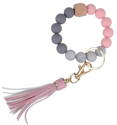 WEWAYSMILE Bracelet Porte-Clés en Silicone, Porte-clés Jonc Perlé, avec Panicule, pour les Porte-Clés Voiture Maison des Femmes (Rose)