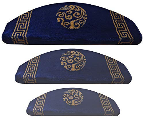 AYVADA Halbkreisförmiger Rutschfester Treppenteppich, selbstgrundierender Treppenteppich, umweltfreundliches Material, Stufenmatte, chinesisches Retro-Muster, blau mit 3 cm Saum, waschbar und wiede