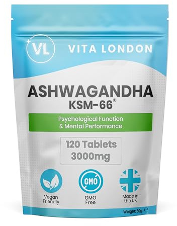 Vita London Ashwagandha KSM-66 Tablets 3000mg, 120 High Strength Tablets | Vegan supplement, UK made, 10:1 root extract 5% withanolides, for men & women, tablet not capsule, gummies or powder