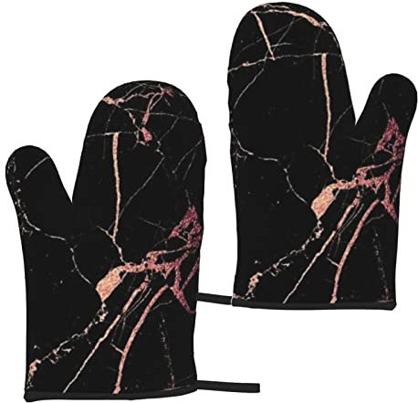Heat Resistant Oven Gloves Sets Of 2 - Black Rose Gold Marble Printed Kitchen Non-Slip Microwave Oven Mitts 1 Pair For Baking Cooking Bbq