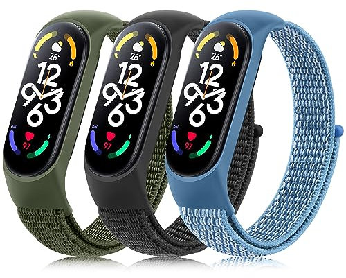 3 Pièces Bracelet Compatible avec Xiaomi Mi Band 7/Mi Band 6/Mi Band 5/Amazfit Band 5 Femmes Hommes, Bracelet de Remplacement en Nylon pour Xiaomi Mi Band 7/6/5 (Black/Green/Navy Blue)