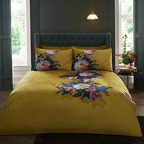 Appletree Ochre Floral Duvet Cover - King Size (230 x 220cm) - Soft Velvet Touch Yellow Bedding With 2 Pillowcases - Botanical Flower Design in Ochre