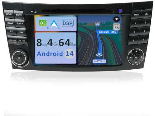 YUNTX [4GB+64GB] Android 14 Autoradio für Benz W211 E-Class/CLS Class W219-[Integriertes CarPlay/Android Auto/DSP/GPS]-IPS Touch Screen-CAM+MIC-DAB/Mirror Link/Bluetooth 5.0/AHD/360 Kamera/WiFi/USB/4G