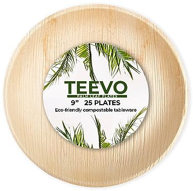 Teevo Palm Leaf Plates x 25 - Eco Friendly, Strong 9 Round Party Plates for Hot Food, Outdoor Tableware for Garden, BBQ, Camping, Picnic - Reusable, Compostable, Sustainable