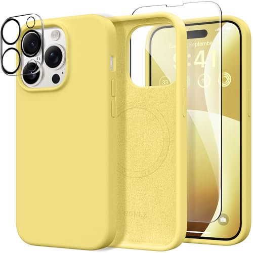 GONEZ Magnetic for iPhone 14 Pro Max Case [3 in 1], Compatible with Magsafe, with 1X Screen Protector + 1X Camera Lens Protector, Liquid Silicone Shockproof 14 Pro Max Case, Yellow