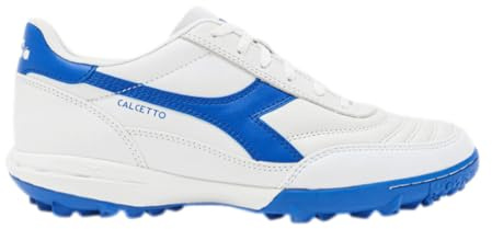 Diadora Calcetto LT Turf Chaussures de football en cuir pleine fleur, rembourrage amélioré, caoutchouc anti-usure, gazon synthétique, traction et stabilité optimales, blanc/bleu, 39 EU