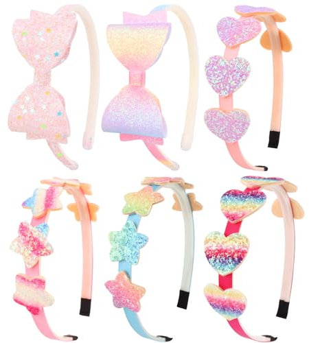 DRESHOW 6 Stück Mädchen Schleife Haarbänder Glitter Kinder Stirnband Herz Stern Haarband für Kleinkinder Teens