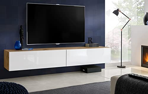 Komodee, Meuble Banc TV Loreto, Blanc Wotan, Largeur 200 cm x Hauteur 30 cm x Profondeur 41,5 cm, Style Moderne, Minimaliste, pour Salon, Chambre