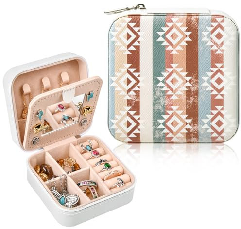 CEELGON Western-Schmuckschatulle, Boho-Druck, Reise-Schmuck-Organizer, Weihnachtsgeschenke für Frauen, Country-Mädchen, Cowgirl-Sachen, klein, tragbar, Reisezubehör für Frauen, Weiß, Boho