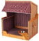 Woodtex Hundestrandkorb Kieferholz |Hundehütte beige inkl. Schützhülle schwenkbarer Wasser-/Futternapf|Sonnenschutz Hunde und Katzen|Rattan Braun mit Rot-weißen Nadelstreifen