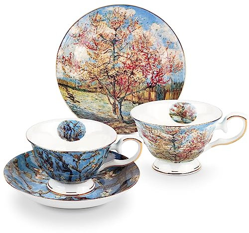 AOTELIDA Teetassen mit Untertassen 2 Satz von, 7 oz Floral Porzellan Kaffeetasse, Fine Bone China Teetasse Set, Espresso Latte Tassen für (Aprikose & Pfirsichblüte)