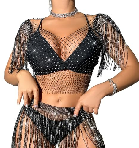 LEOMOSTE Women Rhinestone Crop Top Sparkly Body Chain Fishnet Tank Top Crystal See Through Bikini Cover Up with Tassel Sleeves, Blackab, One Size