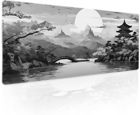 Gaming-Mauspad mit Kirschblüten, Turm und Berglandschaft im japanischen Stil, ästhetisches Design, rutschfeste Gummibasis, genähte Kante, für Büro, Schwarz/Grau, XXL, 80 x 30 cm