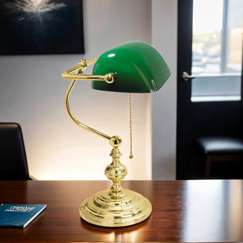 Schreibtischlampe Messing massiv Glas H: 39 cm schwenkbar E27 Grün Zugschalter Tischleuchte Bankerlampe Arbeitszimmer Büro
