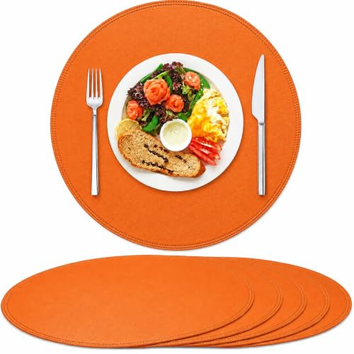 Rinpon PU Faux Leather Thick Wipeable Waterproof Round Placemats Set of 6, Vintage Cute Circle Place Mats Non-Slip Mats, Washable Oil-Proof Placemats, Wrinkle Free Kitchen Dining Table Mats(Orange)