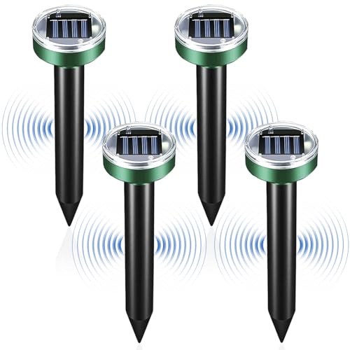 Maulwurf Vertreiber, RosyFate 4 Stück Maulwurfschreck Solar, Wühlmausschreck Solar Ultraschall, mit ON/Off Schalter, Wühlmausfrei, Wühlmausvertreiber, Schlangenabwehr, für Garten Rasen (Round)