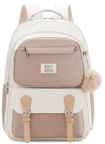 RJEU Schulrucksack für Teenager Mädchen,15,6 Zoll Laptop Rucksack Kinder Rucksack für Mittelschule College-Studenten,Süße Büchertasche für Frauen(Khakibeige)