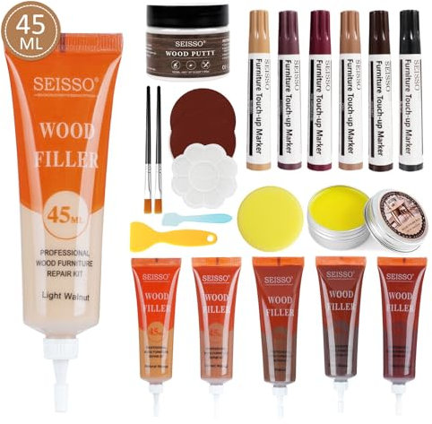 SEISSO 45ml Laminat Reparaturset, 22 Stück Möbel Reparaturset Holz Reparaturstift Set, Möbel Reparaturset Set für Kratzer, Risse, Flecken, Löcher, Schrank, Treppe usw