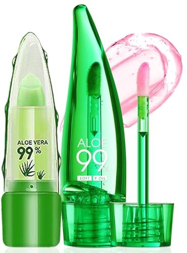Boloshine Aloe Vera Lippenpflege, Temperatur-Farbwechsel Lippenöl Lipgloss Set, Langanhaltender Natürlich Moisturizing Lippenpflegestift, Lip Oil Set Mädchen Pflegende Lippen(Lip Balm + Lip Oil)