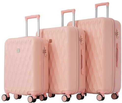 VSOGA Koffer-Set, M-L-XL-Set, Hartschalen-Koffer, Rollkoffer, Reisekoffer, Handgepäck, 4 Rollen, ABS-Material, TSA Zollschloss, Rosa