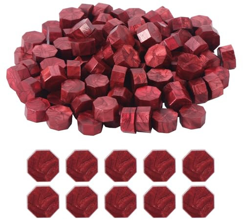 Mynoozi 100 Stücke Siegelwachs Perlen Gold, Wachssiegel Wachs Achteckig Perlen für Vintage Siegellack und Einladungen, Karten, Umschläge, Weinpakete, Paket Geschenk (Rot)