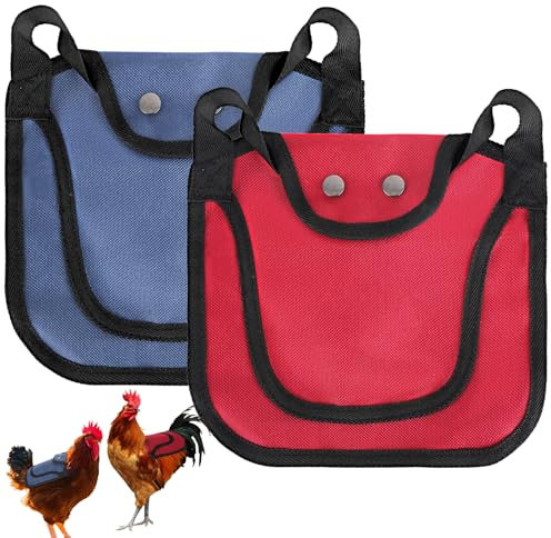 COMNICO 2 Stück Hühnersättel, Outdoor-Hühnersattelschürzen Kleidung mit verstellbarem Riemen Rot und Blau Geflügelschoner, Vogelfederschutzzubehör für Rücken und Seiten