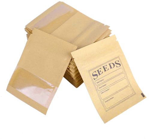 WACCOMT Pack 100 Pcs Petits Sachets de Graines en Papier Kraft Brun Refermables avec Fenêtre Transparente Sacs Pour le Stockage des Graines et des Fleurs 7x9.5cm (2.7x3.7inch)