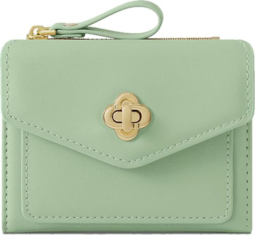 Farcauo Geldbörsen Frauen Portemonnaie Damen Grünes Minimalistisches Blumen Design Portemonnaie für Frauen Klein Portmonee mit Ausweisfach und Kartenhüllen
