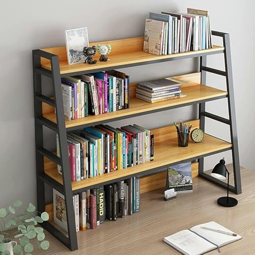 HOTAPEPU Desktop Bookshelf 3-Tier Wrought Iron - Industrial Computer Desk Desktop Shelf, Multipurpose Countertop Hutch Bookshelf, Ladder Bookcase, Adjustable Storage Display Shelf Organizer Rack