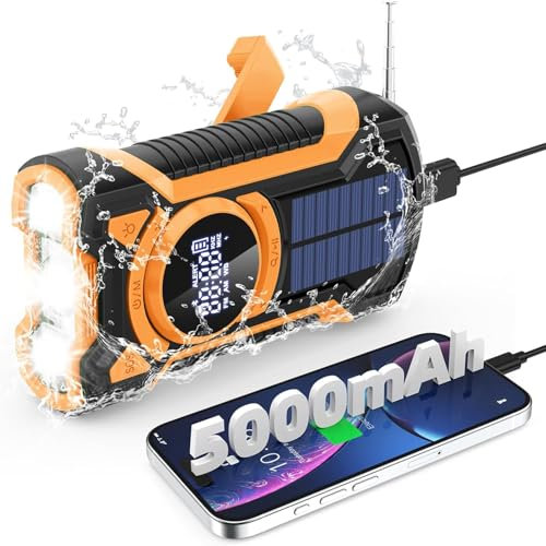 Rechargeable Portable Radio Dynamo avec Lampe de Poche LED, Power Bank 5000mAh AM/FM Radio Manivelle Solaire, SOS Alarm/Lampe Poch/3W Haut-parleurs, Outdoor, Emergency