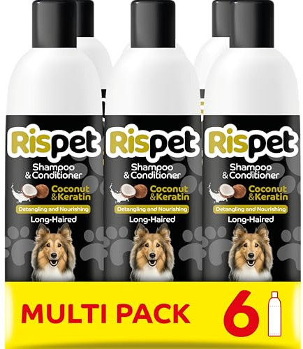RISPET Shampoo e Balsamo Cocco e Cheratina, Detergente e Igienizzante per Cani e Animali a Pelo Lungo, Formula Delicata Senza Allergeni e pH Bilanciato, Profumazione al Cocco, 6x370ml
