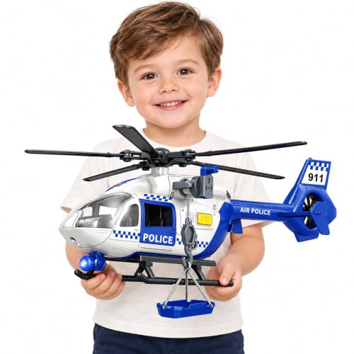 XUEXUE Big Helicopter Toy for Toddlers - Police Rescue Helicopter with Crane, Lights & Sounds - Boys & Girls Ages 2 3 4 5 6