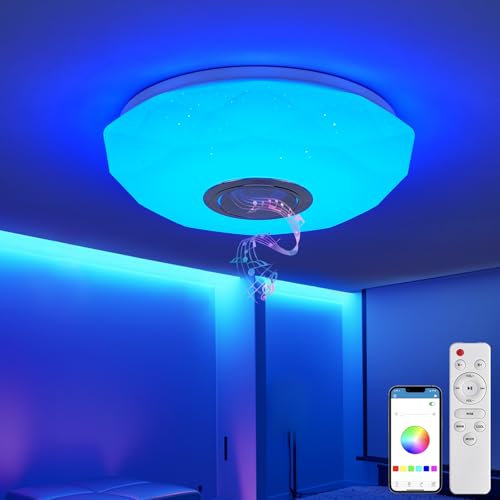 queffigle 36W Music LED Ceiling Light 3600LM Dimmable with Bluetooth Speaker, Intelligent with Remote Control and APP Control, RGB Colour Change, Adjustable for Bedroom, Bathroom, Living Room