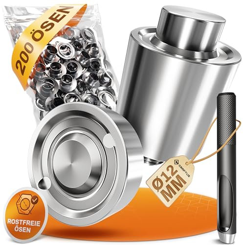 CRAFTUS® Stanzkopf Set (Ø 12mm) für die Alpha Ösenzange – Inkl. 200 rostfreie Edelstahl Ösen & Locheisen – Einfacher Wechsel Dank Schraubgewinde – Ideal für Planen, Banner, Vorhänge UVM.