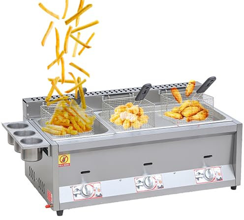 Professionelle gewerbliche Gasfritteuse, Edelstahl Gastro Friteuse Zum Braten von Friteuse Gastronomie, mit Doppelkorb und Deckel,einstellbare Temperaturregelung,18L*1+8L*1