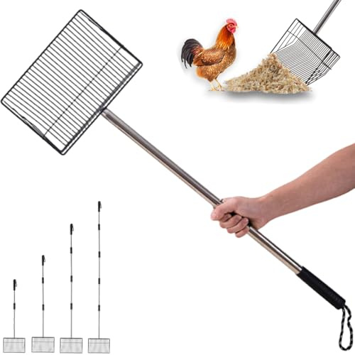 Großer Hühnerkotschaufel extra breit 25cm,Länge: 170cm,Hühnerstall Rechenschaufel Zubehör Hühnerkotschaufel mit 7mm feinmaschigem Sieb Hühnerstallschaufel für Sand