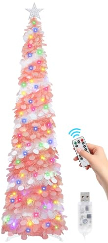 SINTENILL Árbol de Navidad desplegable de 6 pies con 100 Luces LED de Temporizador y Control Remoto, árbol de oropel de Navidad Plegable Rosa y Blanco, árbol de Navidad Artificial para Vacaciones
