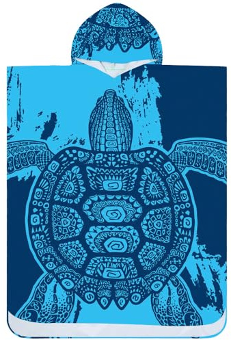 FEBE Badeponcho Bademantel mit Meeresschildkröte Muster Damen Herren 145x80 cm Badetuch mit Kapuze Surf Poncho Mikrofaser Kuschelig Schnelltrocken