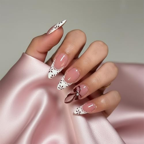 Elegant Lace French Bow Press On Nails Almond Shape - Autumn Halloween Romantic Glossy Stiletto Tips Gothic Long Lasting Wraps Handmade Kit Fall Cute Fake Short Oval Ombre Ghost Pumpkin Blood