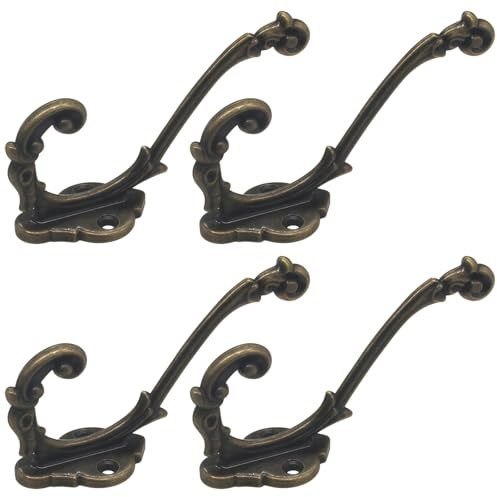Calolin 4 Pcs Zinc Alloy Wall Mount Hooks, Vintage Bronze Heavy Duty Coat Hangers, Rustic Farmhouse Style Cast Iron Look Hooks for Entryway, Bathroom & Kitchen